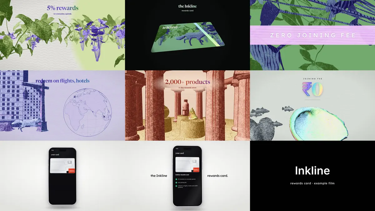 Nine frames from the Inkline example film: engraved 3D scenes in two-ink duotones
