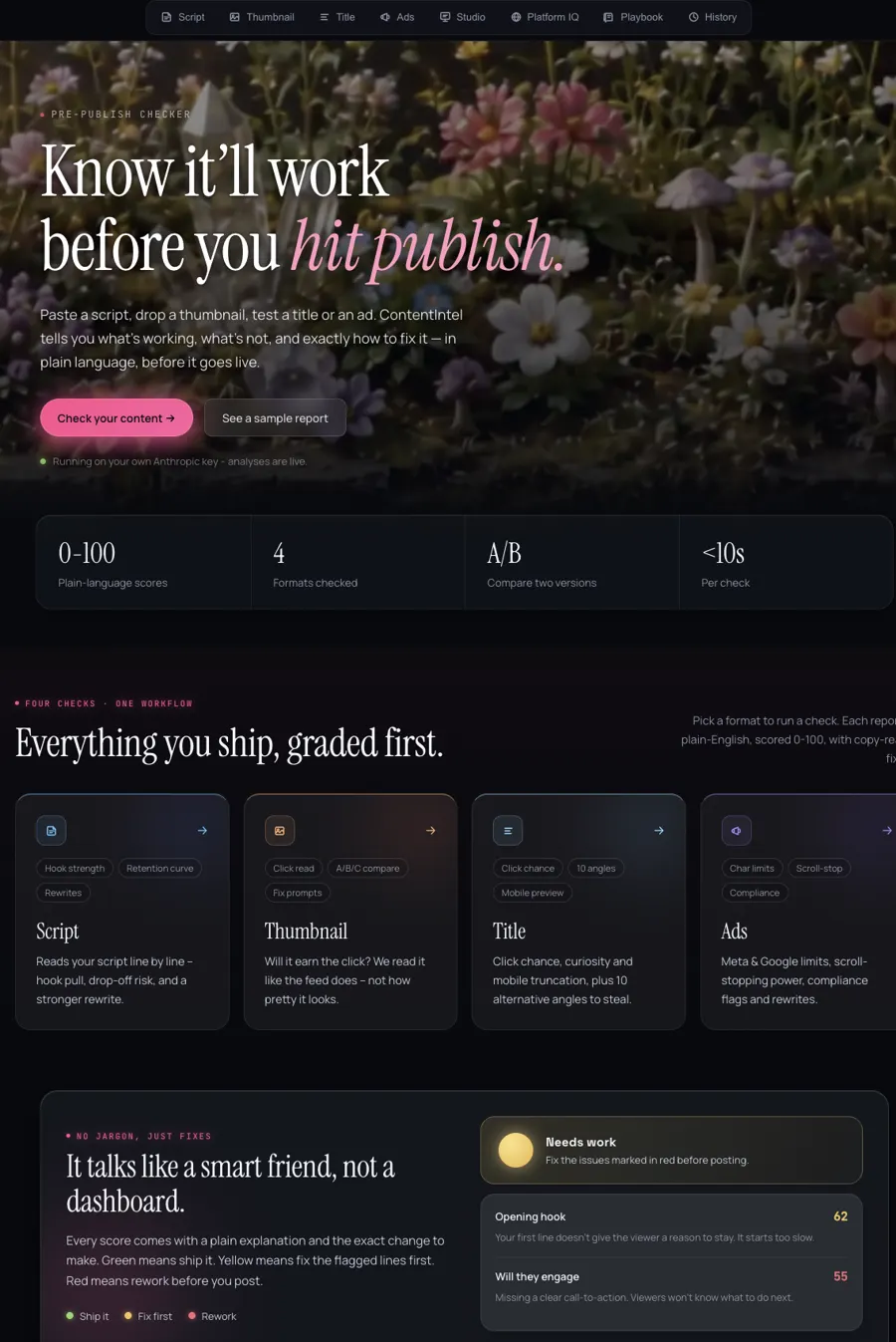 The ContentIntel website: a dark landing page reading Know it'll work before you hit publish